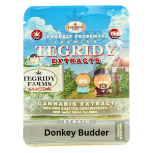 Tegridy Extracts Donkey Budder shatter packaging featuring premium hybrid indica cannabis concentrate in Canada